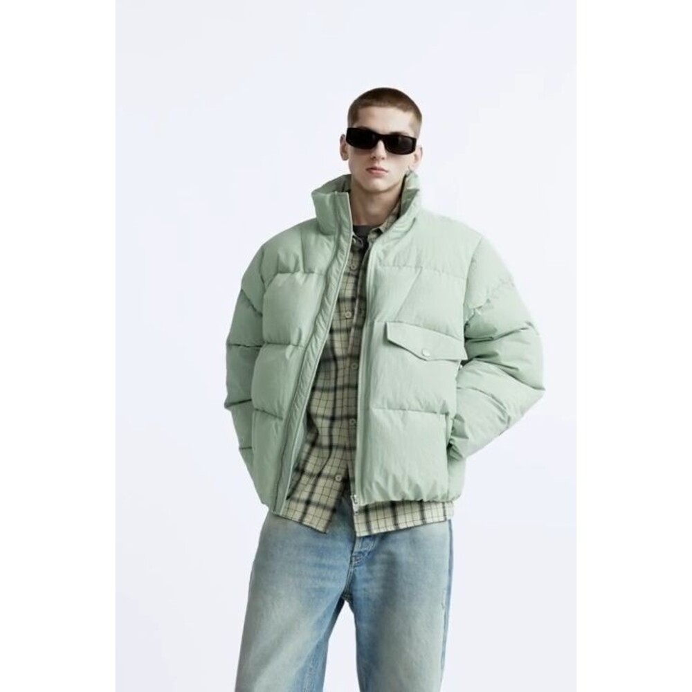Zara Puffer Jacket Men's Green Mock Neck Long Sleeve Pocket Detail Zip-Up Small - Picture 4 of 17